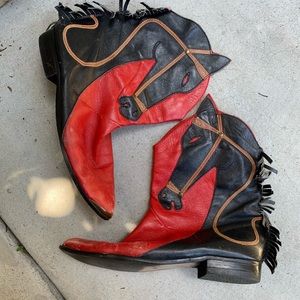 Red and Black Leather Horse Cowboy Boots